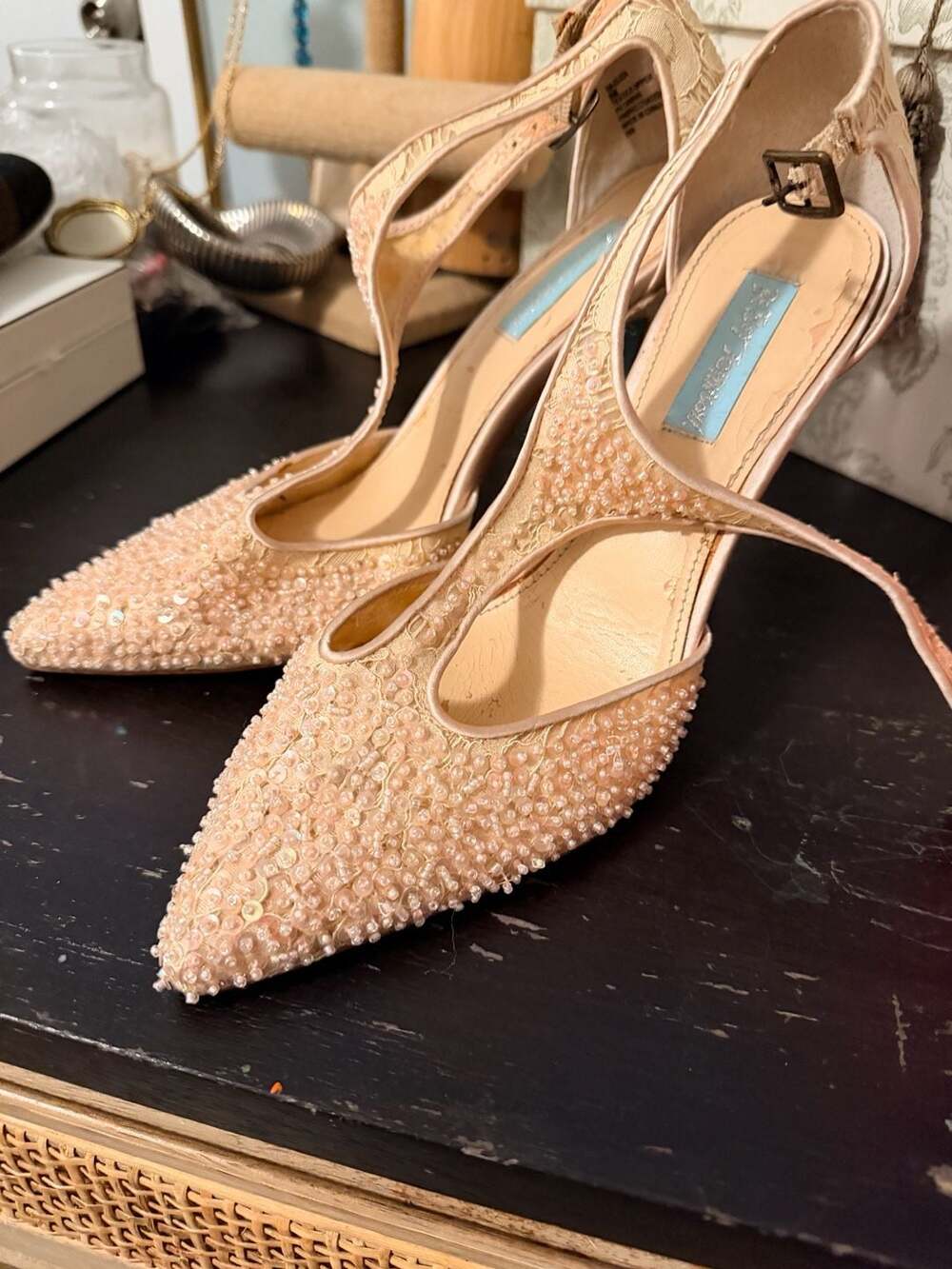Blue by Betsey Johnson Beaded Lace Pointed Toe Heels